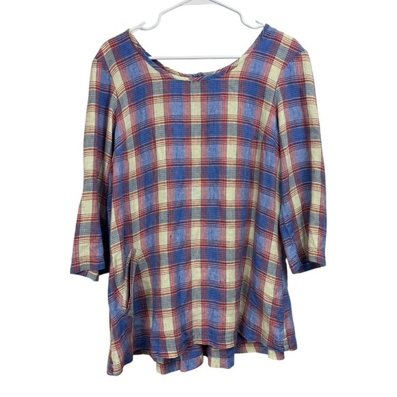 Flax Size Small Swing Tunic Top Blue Orange Plaid 100% Linen Back Button Design - Picture 2 of 8